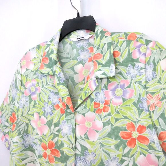 ALIA Shirt Womens Size 14 Green Floral Short Sleeve Collared Button Up Top - Picture 2 of 6
